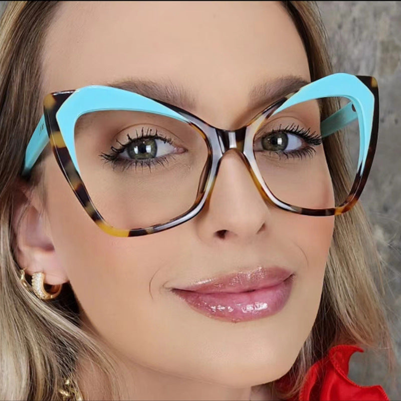 Cat eye color blocked eyeglass frame, contrasting large frame, anti blue light TR90 flat lens, fashionable ins glasses