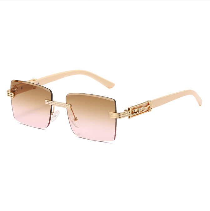 Fashionable frameless sunglasses, trendy leopard decorative glasses personalized square UV resistant sunglasses male