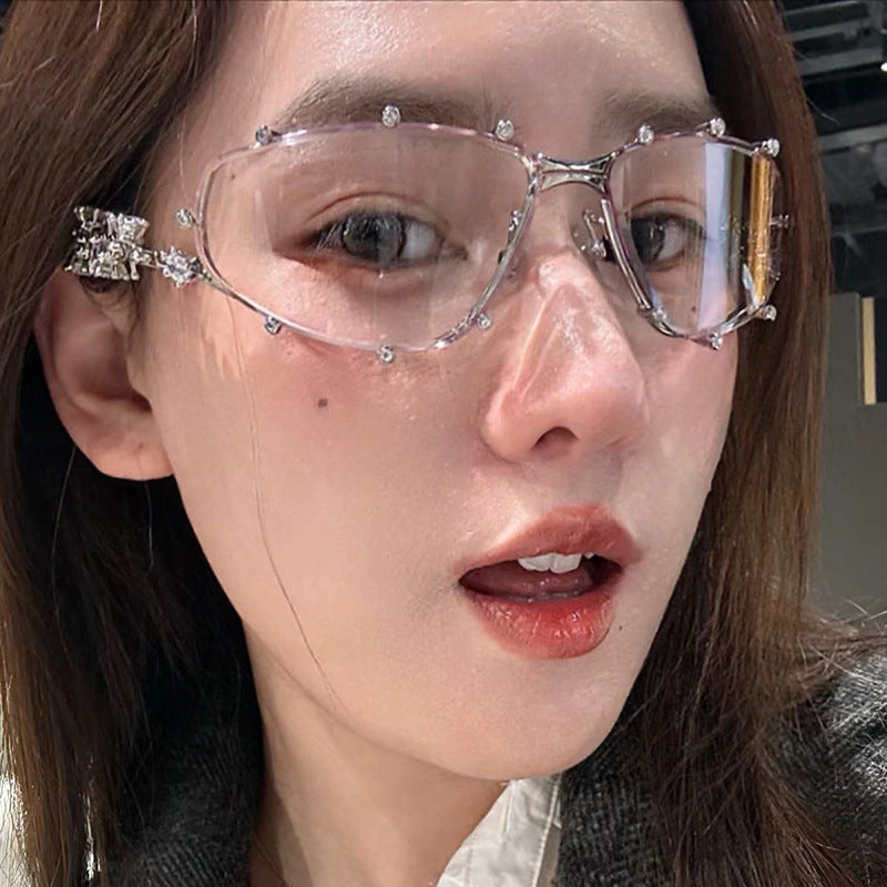 Diamond studded eyeglass frame, fashionable with diamond shaped flat mirror, internet famous street photography, large frame eyeglass frame