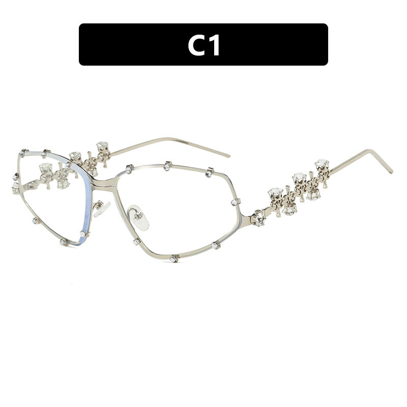 Diamond studded eyeglass frame, fashionable with diamond shaped flat mirror, internet famous street photography, large frame eyeglass frame