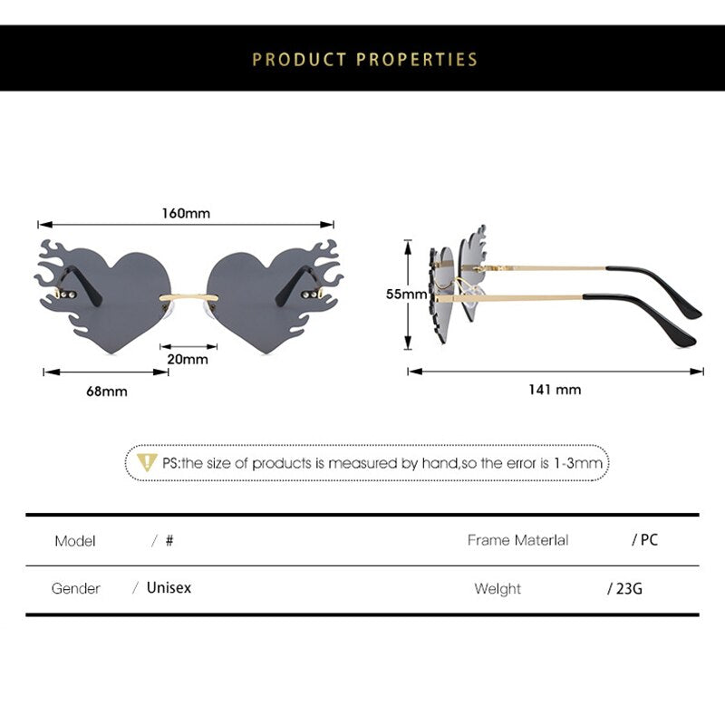Fashion Luxury Brand Designer Rimless Sunglasses Women Men Vintage Love Heart Sun Glasses For Female Punk Flame Eyewear