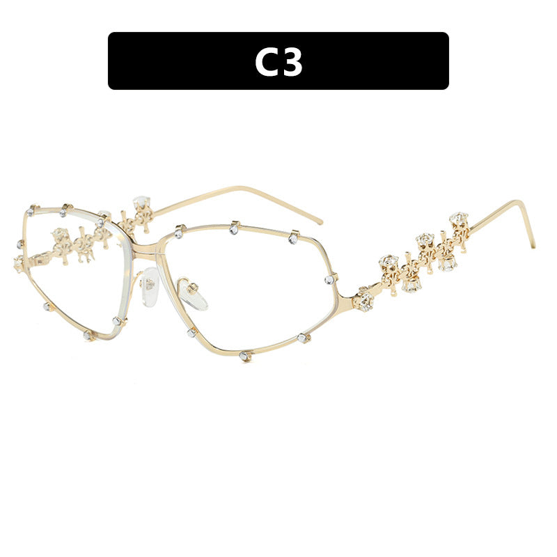 Diamond studded eyeglass frame, fashionable with diamond shaped flat mirror, internet famous street photography, large frame eyeglass frame