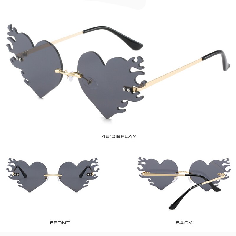 Fashion Luxury Brand Designer Rimless Sunglasses Women Men Vintage Love Heart Sun Glasses For Female Punk Flame Eyewear