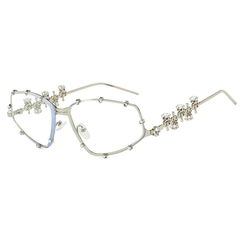 Diamond studded eyeglass frame, fashionable with diamond shaped flat mirror, internet famous street photography, large frame eyeglass frame