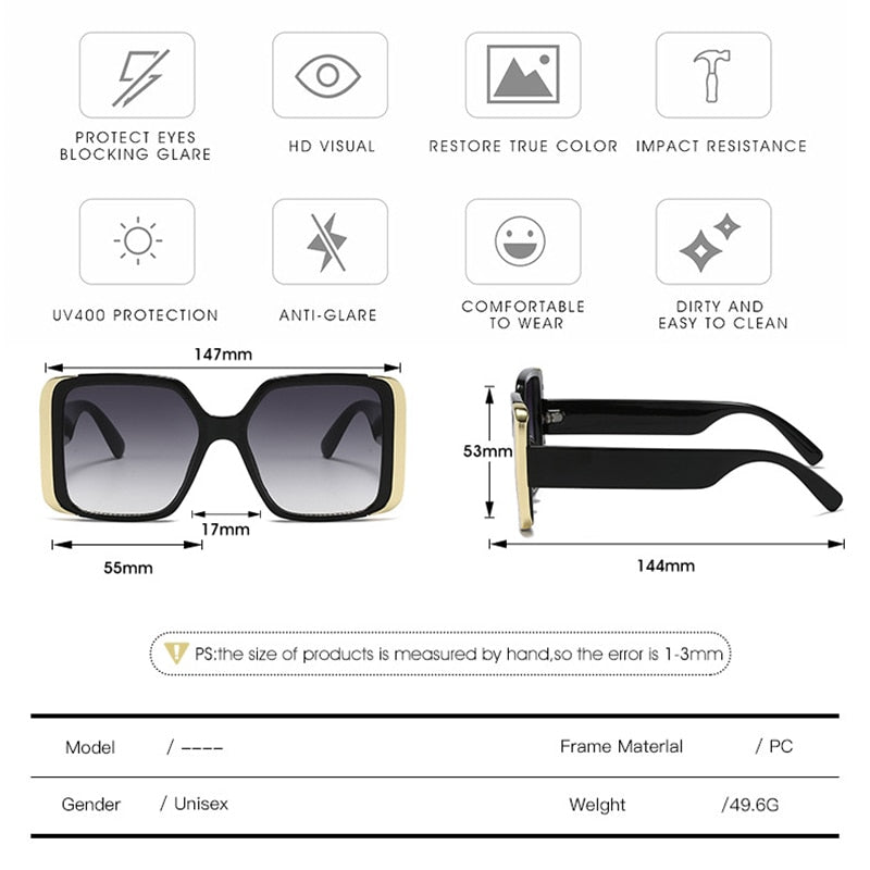 Square Women's Sunglasses Trend Luxury Brand Designer Oversize Sun Glasses Female Vintage UV400 Protection Eyewear