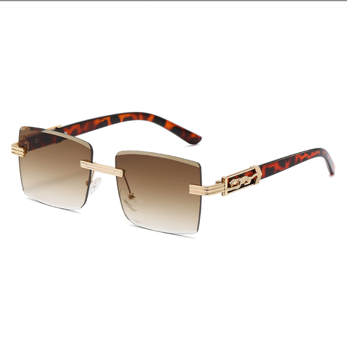 Fashionable frameless sunglasses, trendy leopard decorative glasses personalized square UV resistant sunglasses male