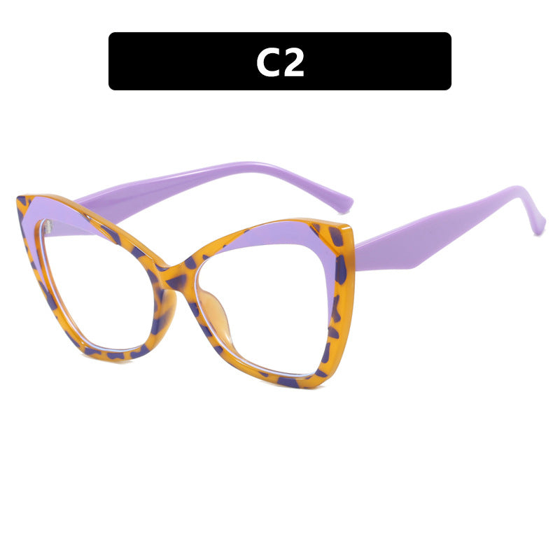 Cat eye color blocked eyeglass frame, contrasting large frame, anti blue light TR90 flat lens, fashionable ins glasses